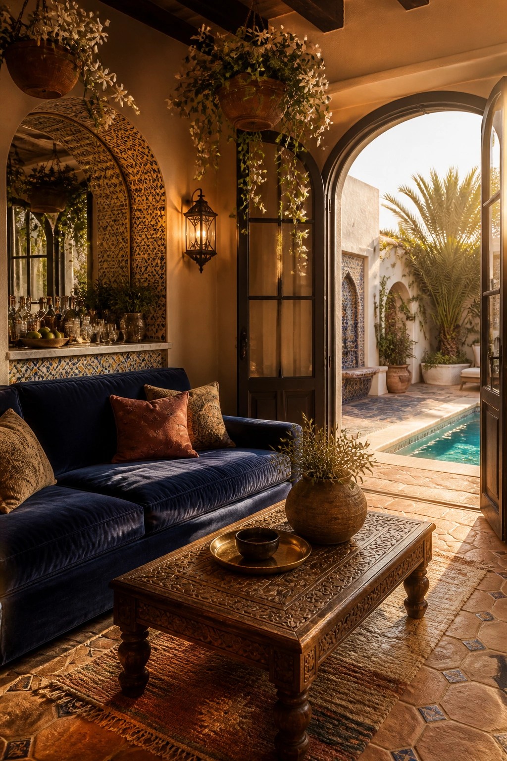 19 Smart Small Pool Cabana Ideas for Compact Backyard Layouts A blue velvet sofa faces open arched doors that lead to a small swimming pool, with a carved wooden coffee table and hanging plants inside the space.