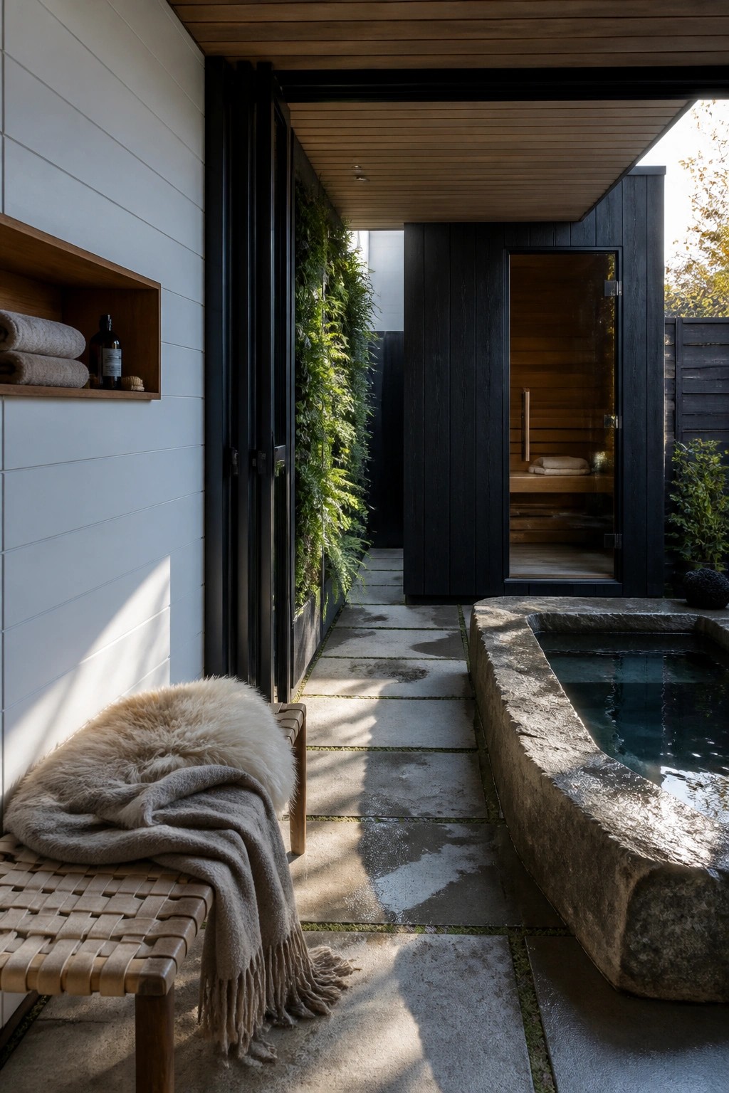 19 Smart Small Pool Cabana Ideas for Compact Backyard Layouts Modern spa patio with stone plunge pool, sauna, woven bench, and blankets in sunlight
