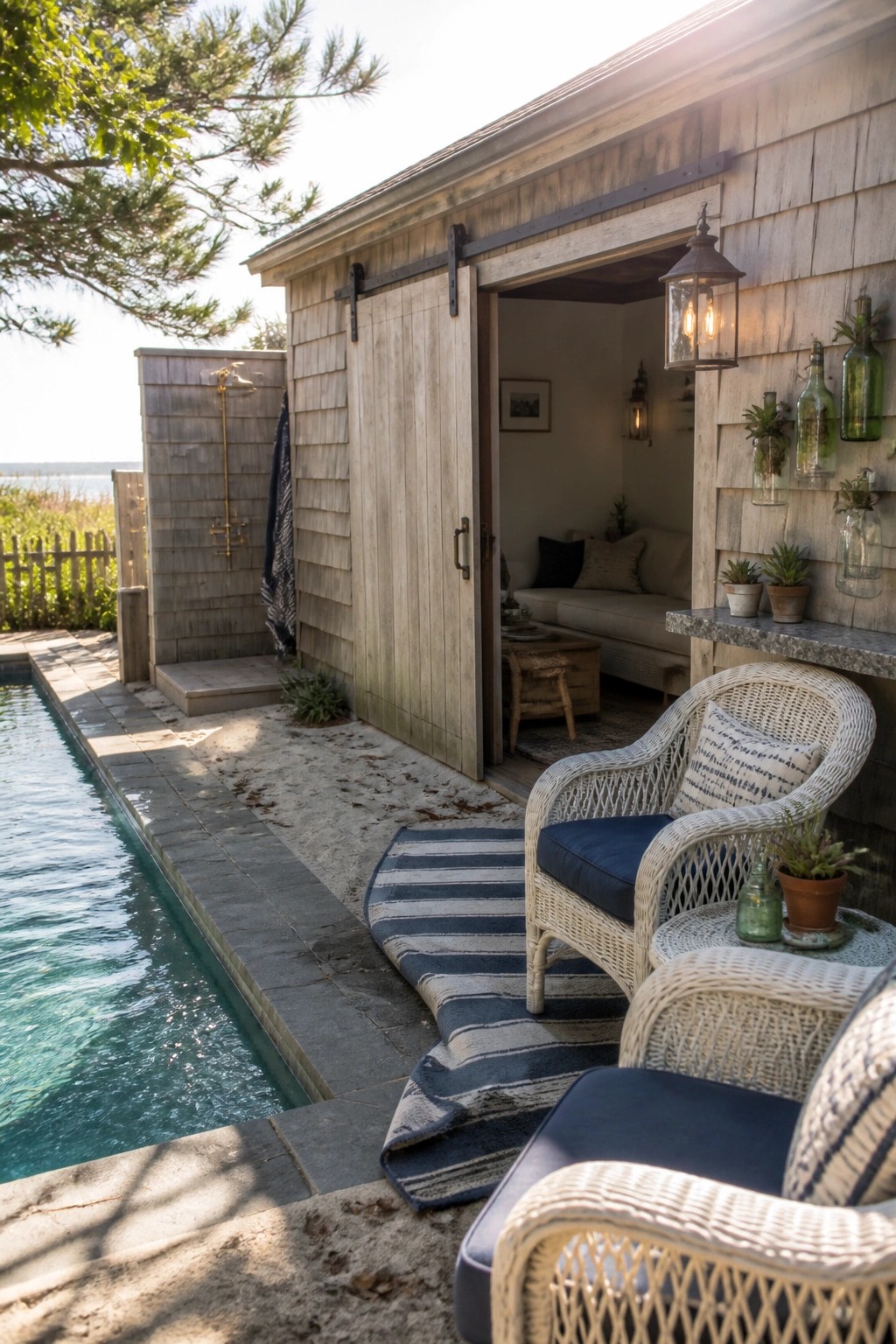 19 Smart Small Pool Cabana Ideas for Compact Backyard Layouts A small wooden pool cabana with large sliding doors open, showing an interior daybed and outdoor wicker seating beside a narrow pool.