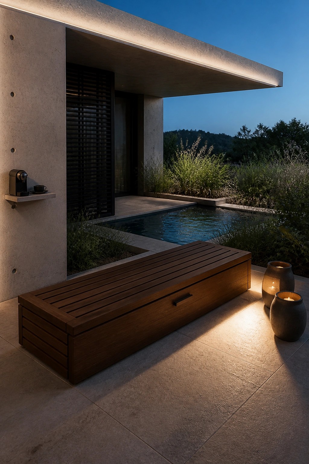 19 Smart Small Pool Cabana Ideas for Compact Backyard Layouts A modern concrete pool cabana at dusk with a long wooden storage bench on the tiled patio beside a small pool and two lit candles in ceramic holders.
