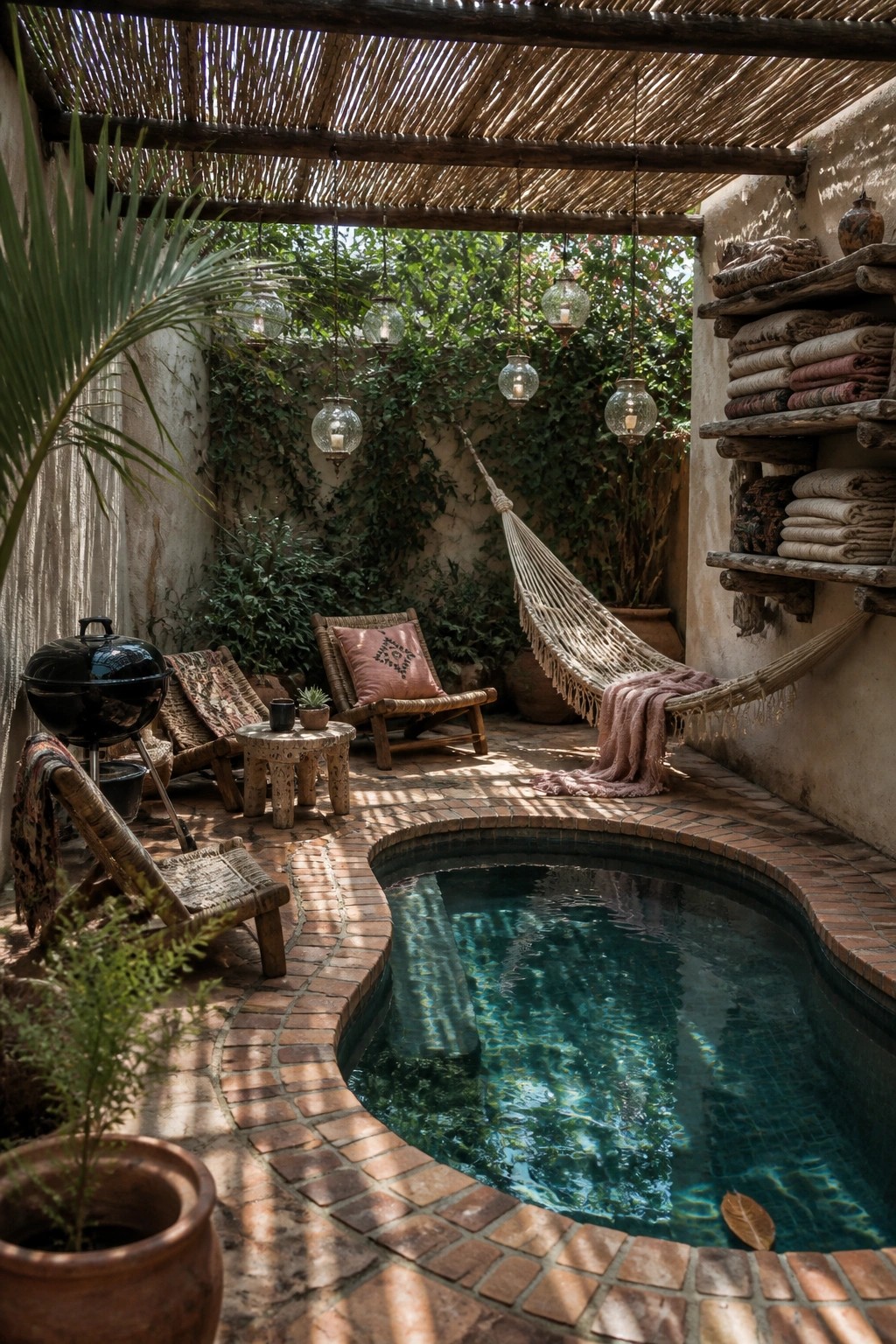 19 Smart Small Pool Cabana Ideas for Compact Backyard Layouts A small curved pool with brick edging under a thatched roof overhang, featuring hanging glass lights, a hammock, woven chairs, and a grill in an outdoor courtyard.