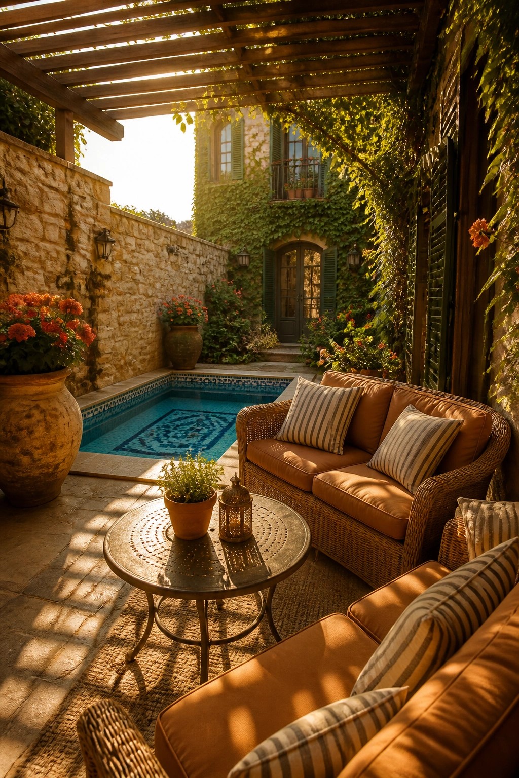 An outdoor pool lounge with a wicker sofa and striped cushions sits under a wooden pergola on a stone patio beside a small tiled pool.