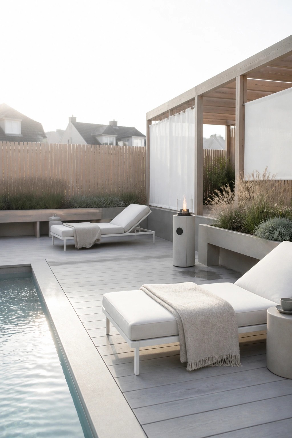 An outdoor pool deck features white lounge chairs on gray wood planks, a concrete fire column, and a wooden pergola with white curtains beside built-in planters.