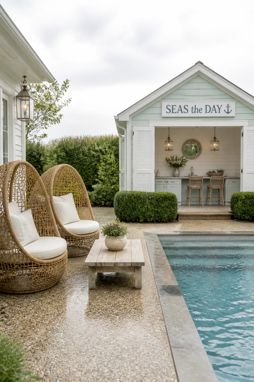 A light blue pool house with an open bar area and two bar stools sits beside a swimming pool, with two woven lounge chairs and a small table on the concrete deck in front.