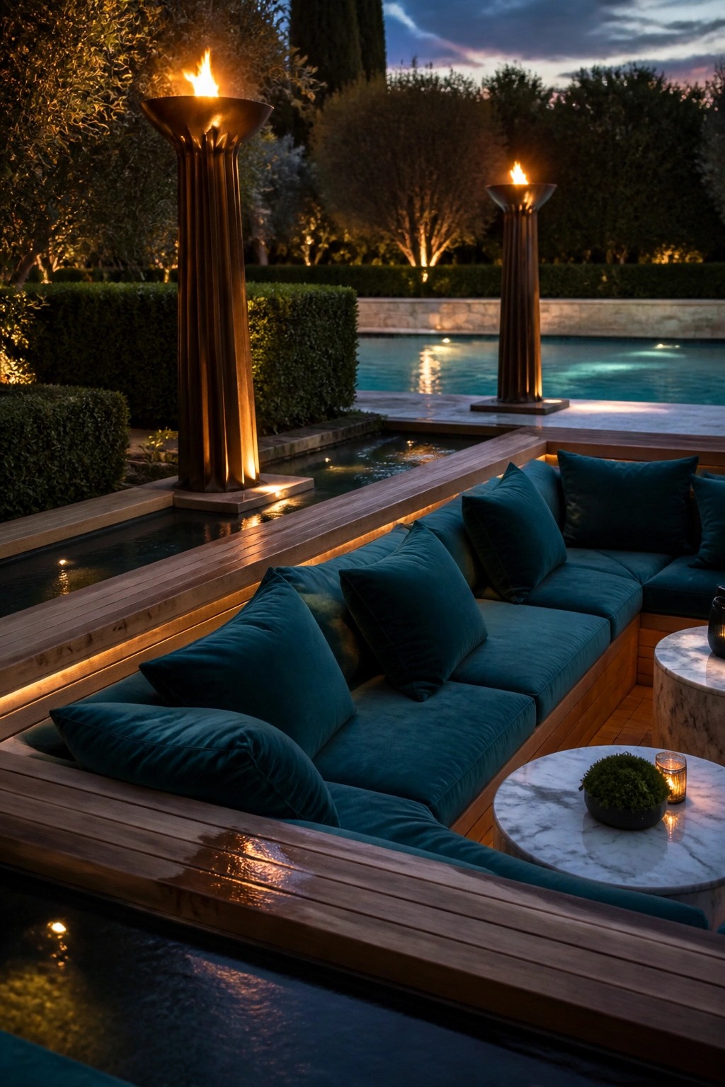 A wooden built-in sectional sofa with teal cushions lines the edge of a pool at dusk, with two tall flaming torches nearby and small marble tables.