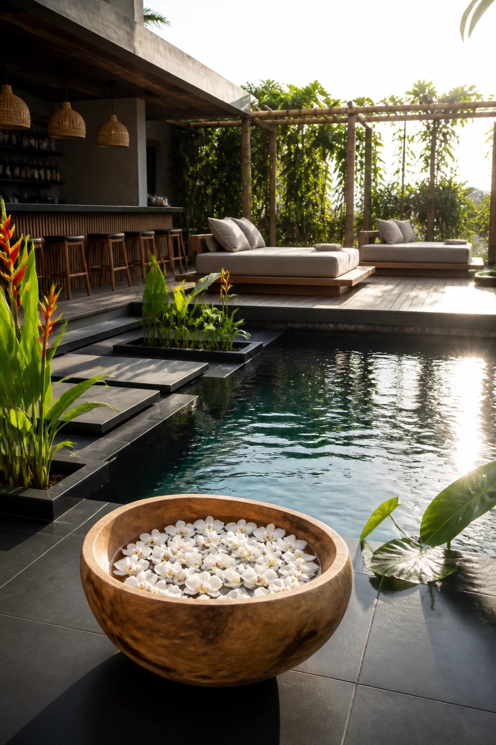 Two cushioned daybeds sit on a wooden deck directly beside a swimming pool, with tropical plants and a bar area in the background.
