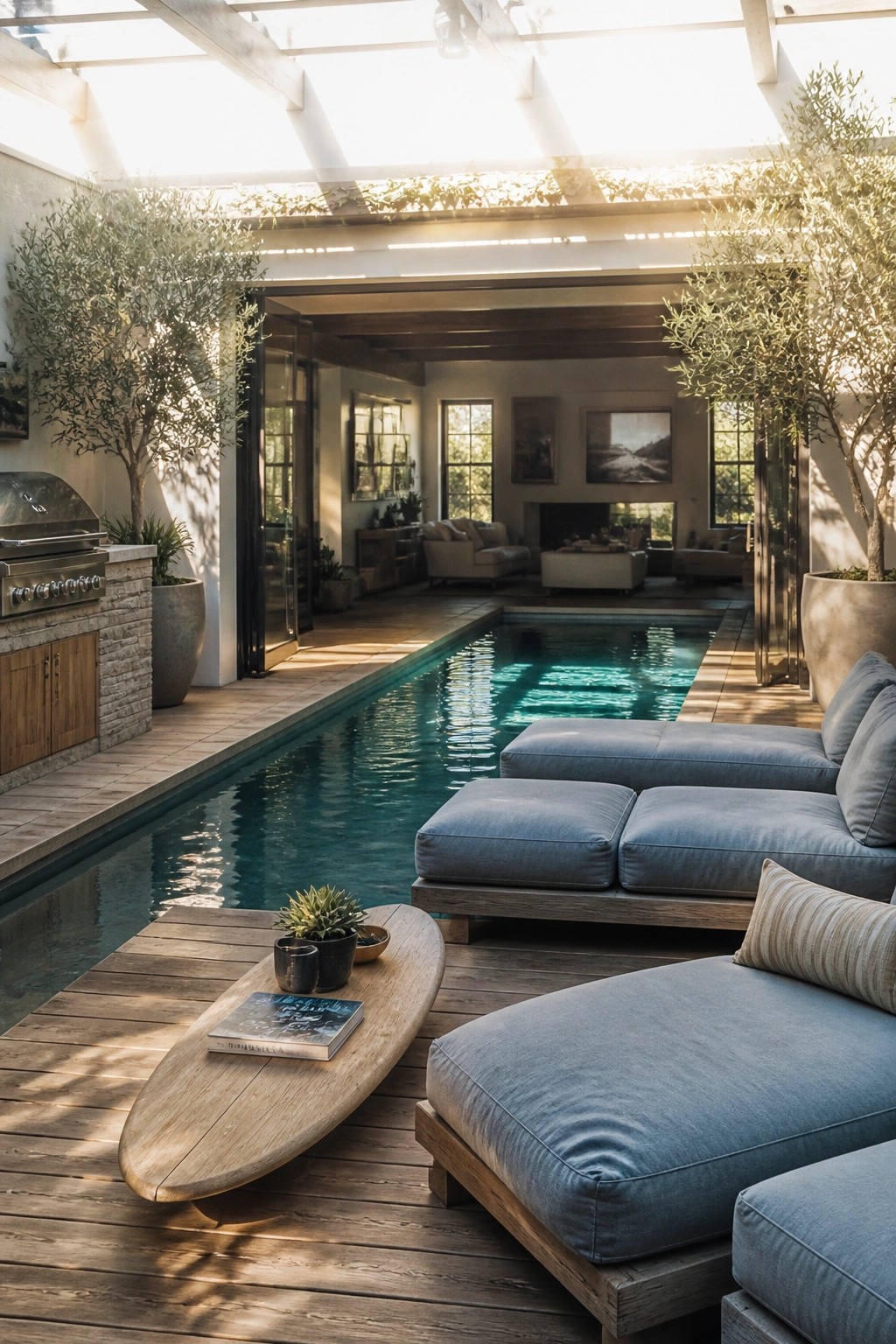 Luxurious indoor pool with blue lounge sofas, wooden deck, potted olive trees, and grill.