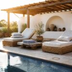 A poolside lounge area with two wicker chaise lounges under a wooden pergola next to a blue tiled pool.