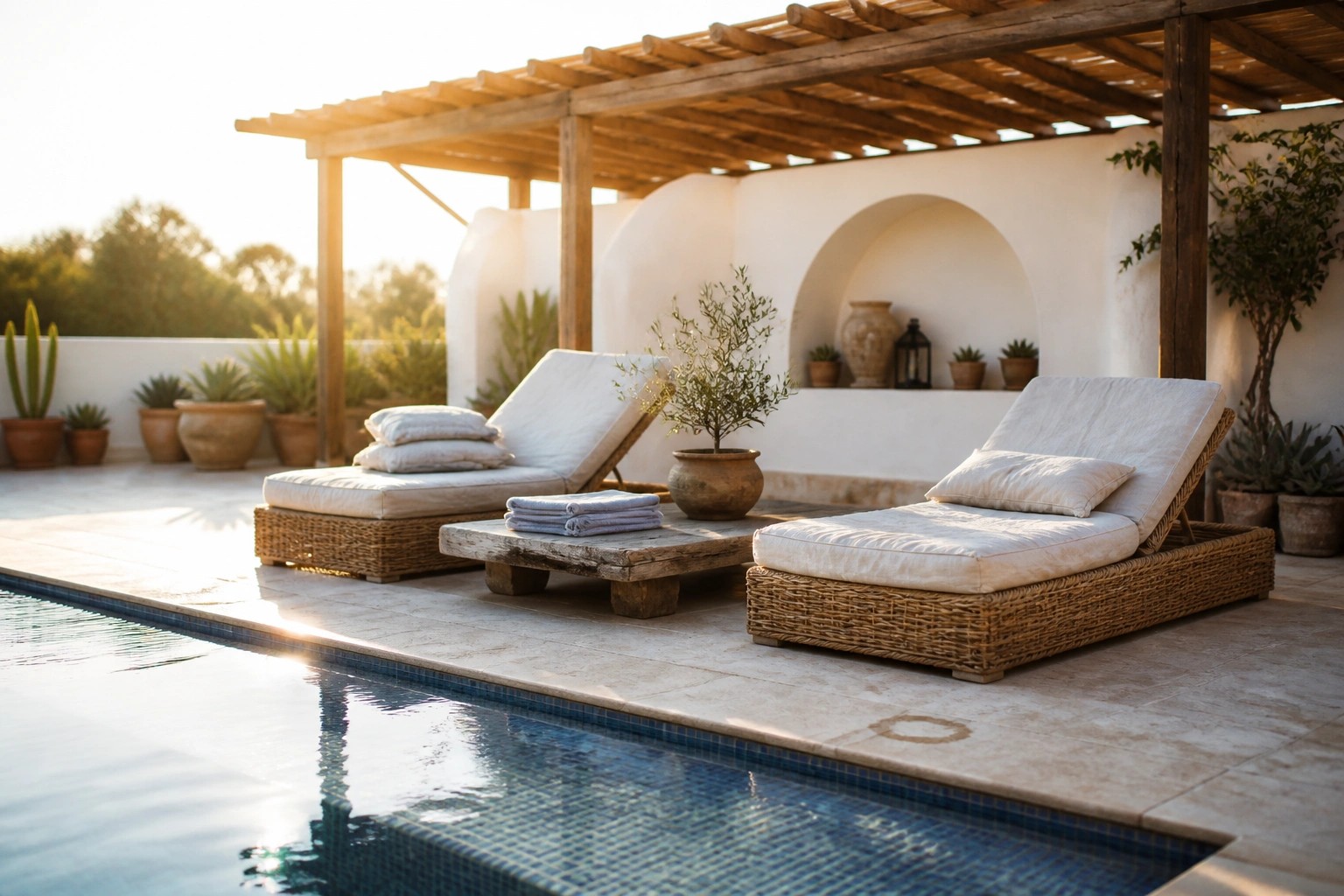 A poolside lounge area with two wicker chaise lounges under a wooden pergola next to a blue tiled pool.