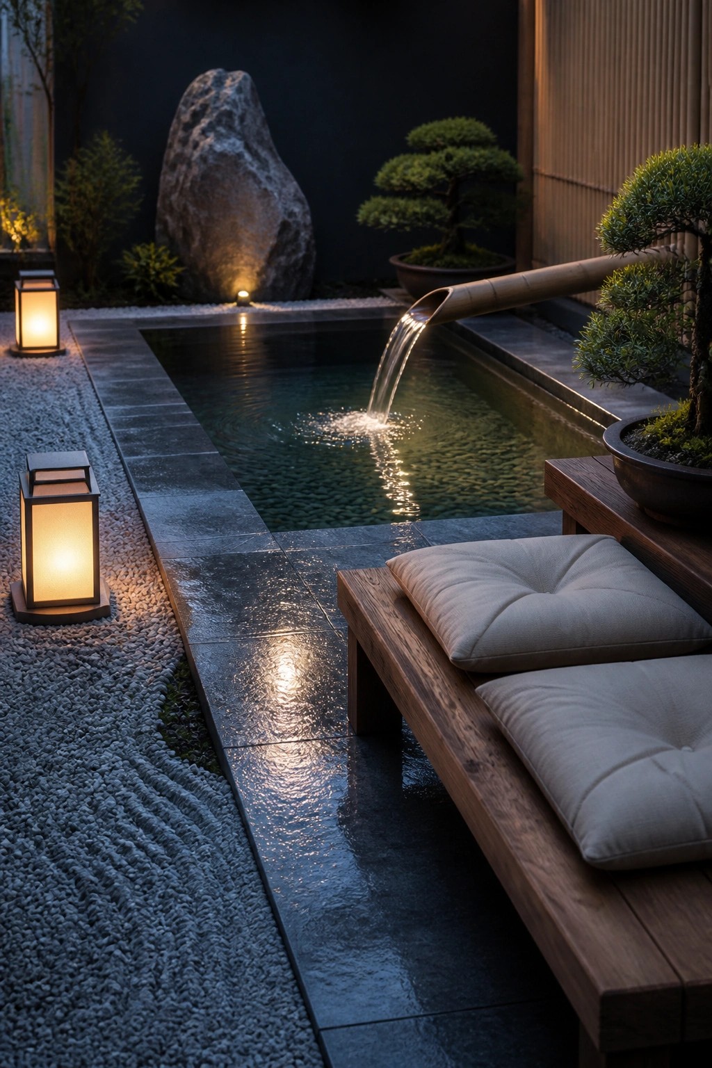 A small rectangular pool with a bamboo water spout, a wooden bench with cushions beside it, and lanterns along a gravel path at dusk.