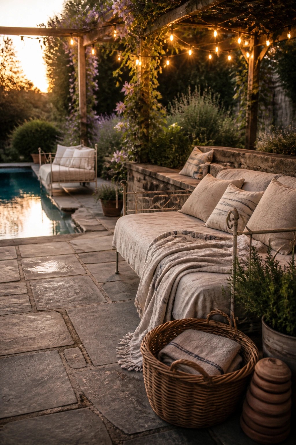 A stone patio beside a pool features a cushioned daybed under a wooden pergola with string lights, a built-in bench with pillows, and a wicker basket holding folded textiles in the foreground.