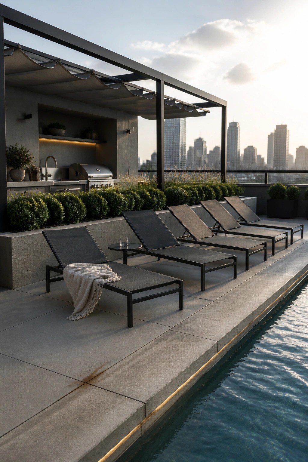 A row of dark lounge chairs sits on a concrete deck beside a pool, with an outdoor kitchen and city skyline in the background.
