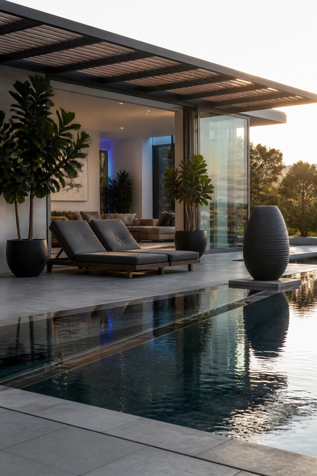 Contemporary patio with lounge chairs, potted plants, and long reflecting pool at sunset