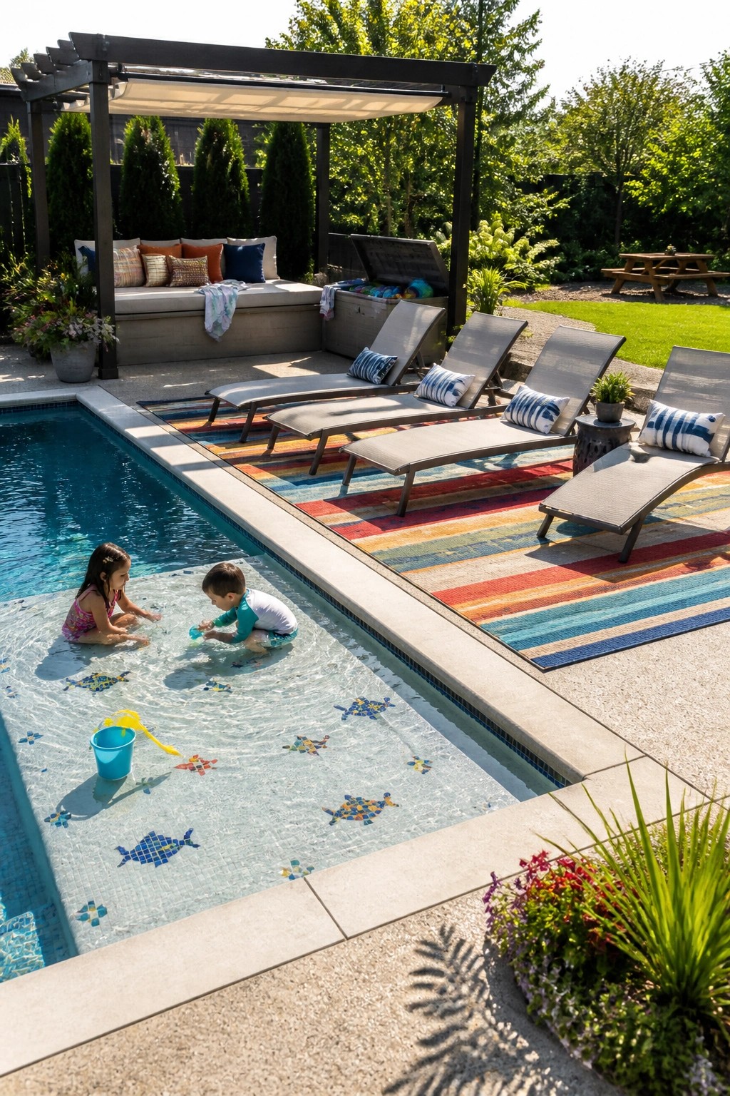 A backyard pool area with a dark pergola containing cushioned bench seating, several gray lounge chairs on colorful striped rugs, and two children playing in the shallow end of the pool.