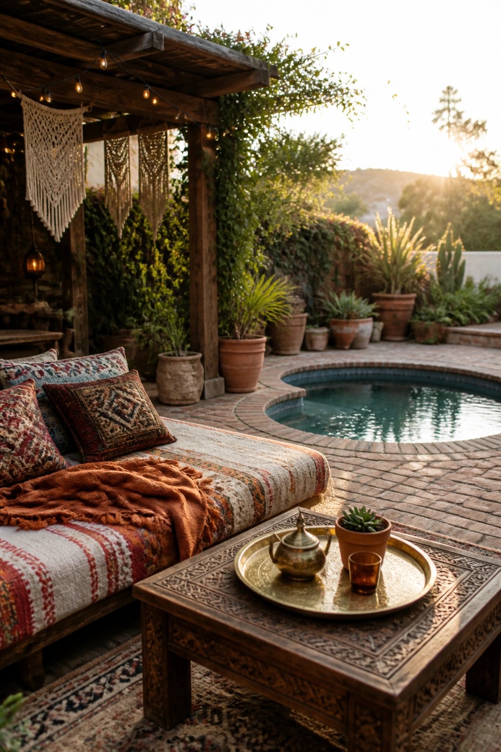Boho patio with daybed, wooden table, pool, and potted plants at sunset.