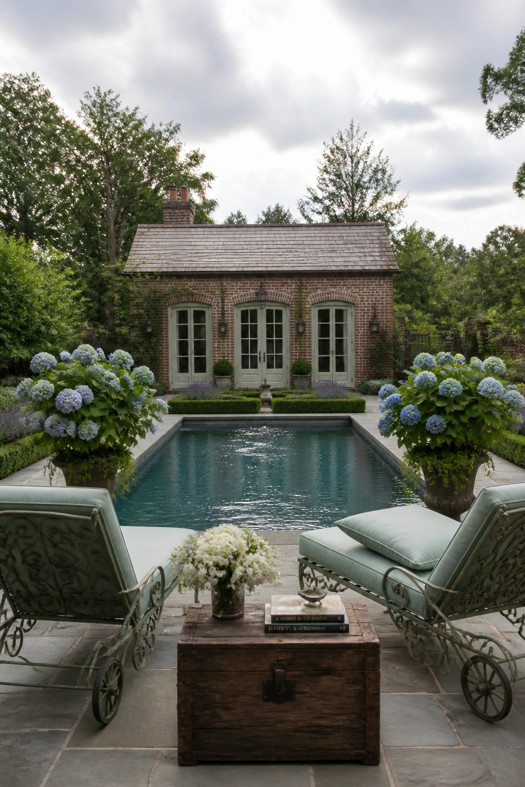 Two wheeled lounge chairs face a rectangular pool, with a wooden trunk table holding books and flowers placed between them on a stone patio in front of a brick house.