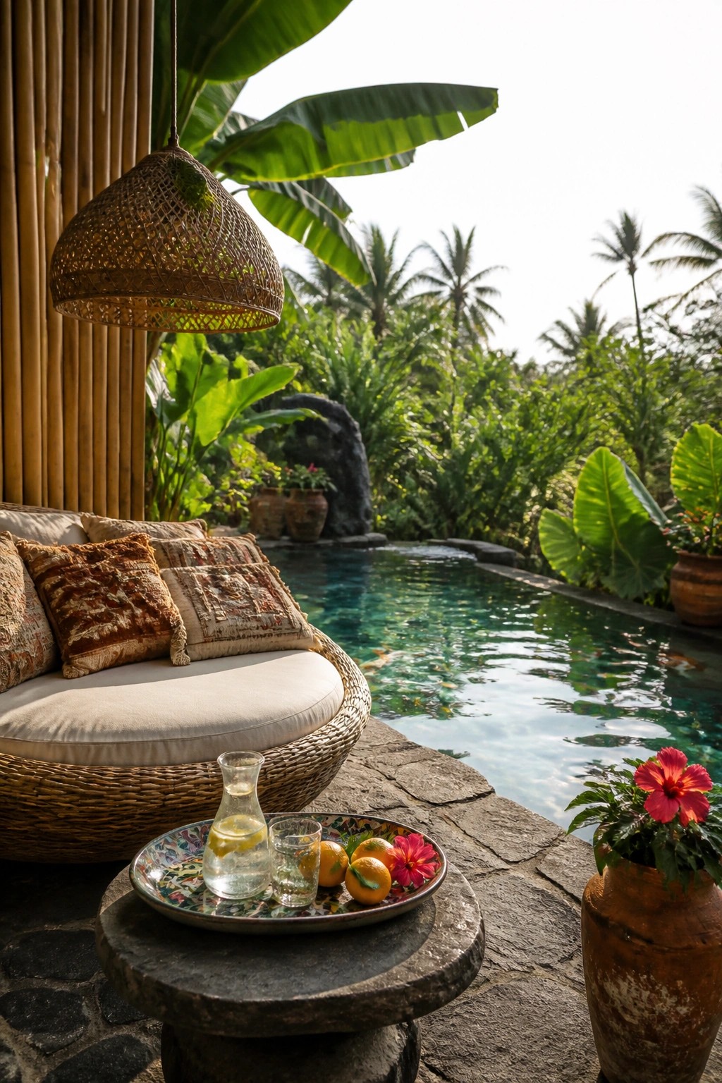 Round wicker lounge by turquoise pool with hanging lamp, fruit tray, and red hibiscus.