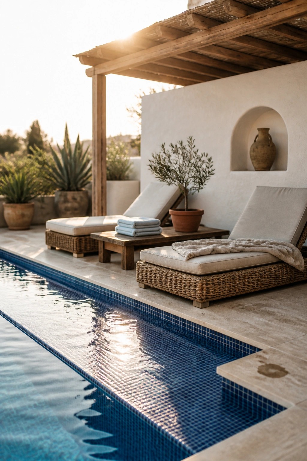 A poolside lounge area with two wicker chaise lounges under a wooden pergola next to a blue tiled pool.