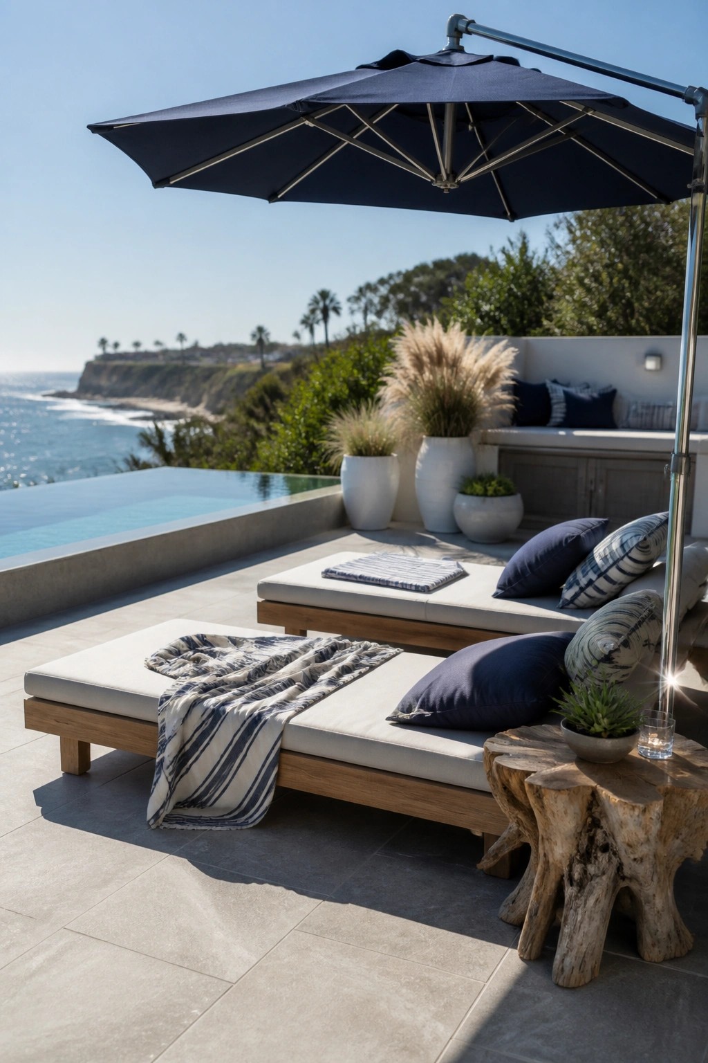 A poolside patio with two wooden lounge chairs under a large navy blue cantilever umbrella beside an infinity pool with an ocean view.