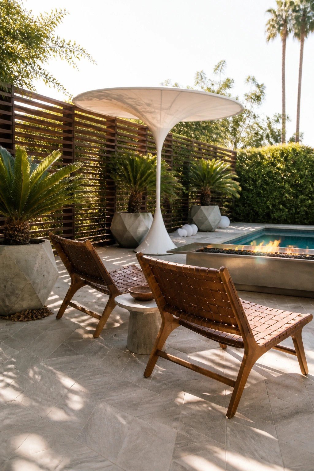 A modern poolside lounge area with two low wooden chairs with woven leather seats, a large white sculptural shade structure, a metal fire pit, and a swimming pool visible in the background.