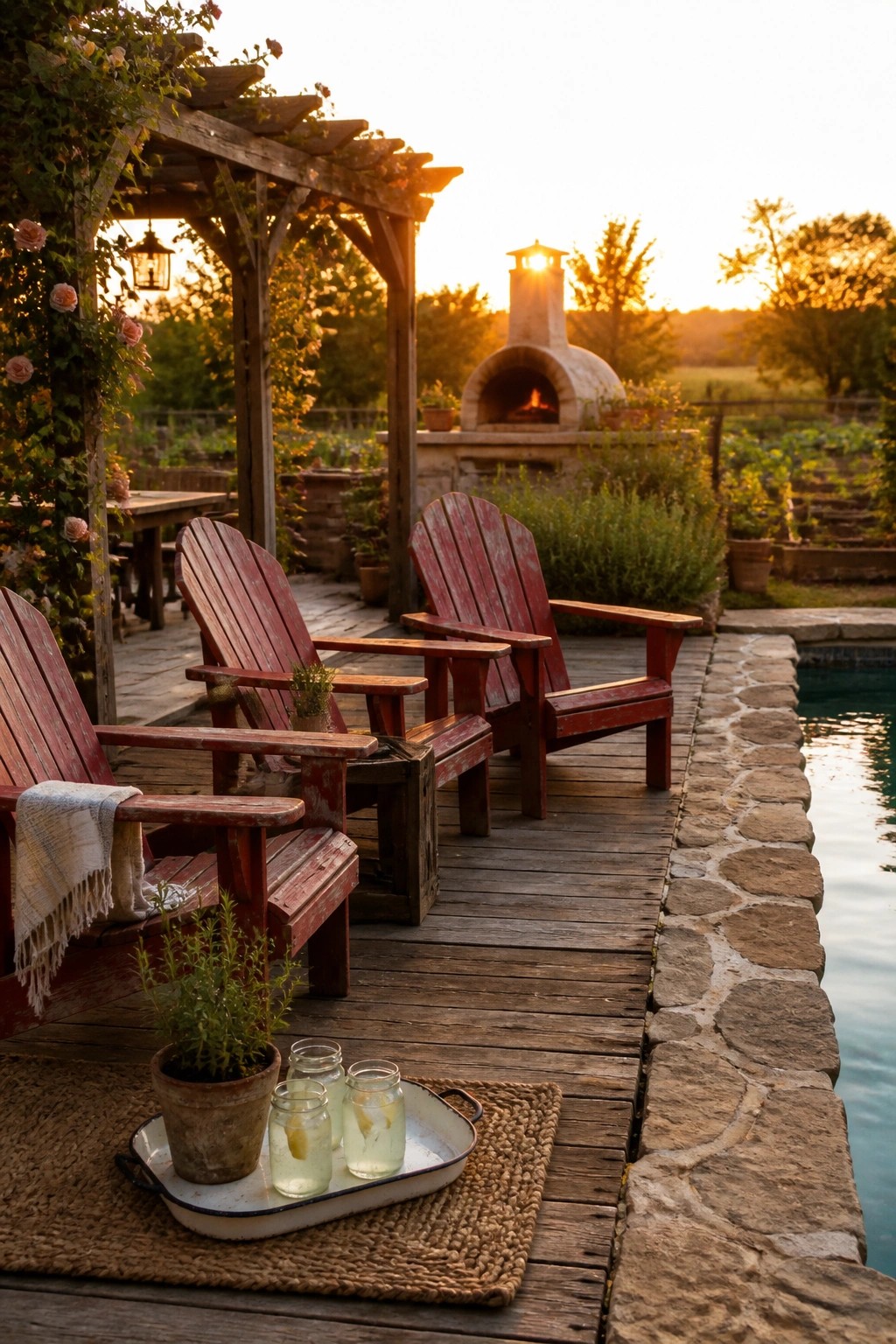 Red wooden Adirondack chairs on a deck beside a pool, with a stone pizza oven and pergola in the background at sunset.