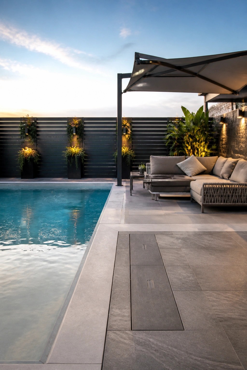 19 Stylish Rectangle Pool Ideas for a Clean Modern Look A rectangular pool with a wide gray tiled patio, sectional sofa under a shade canopy, and dark fence with potted plants.
