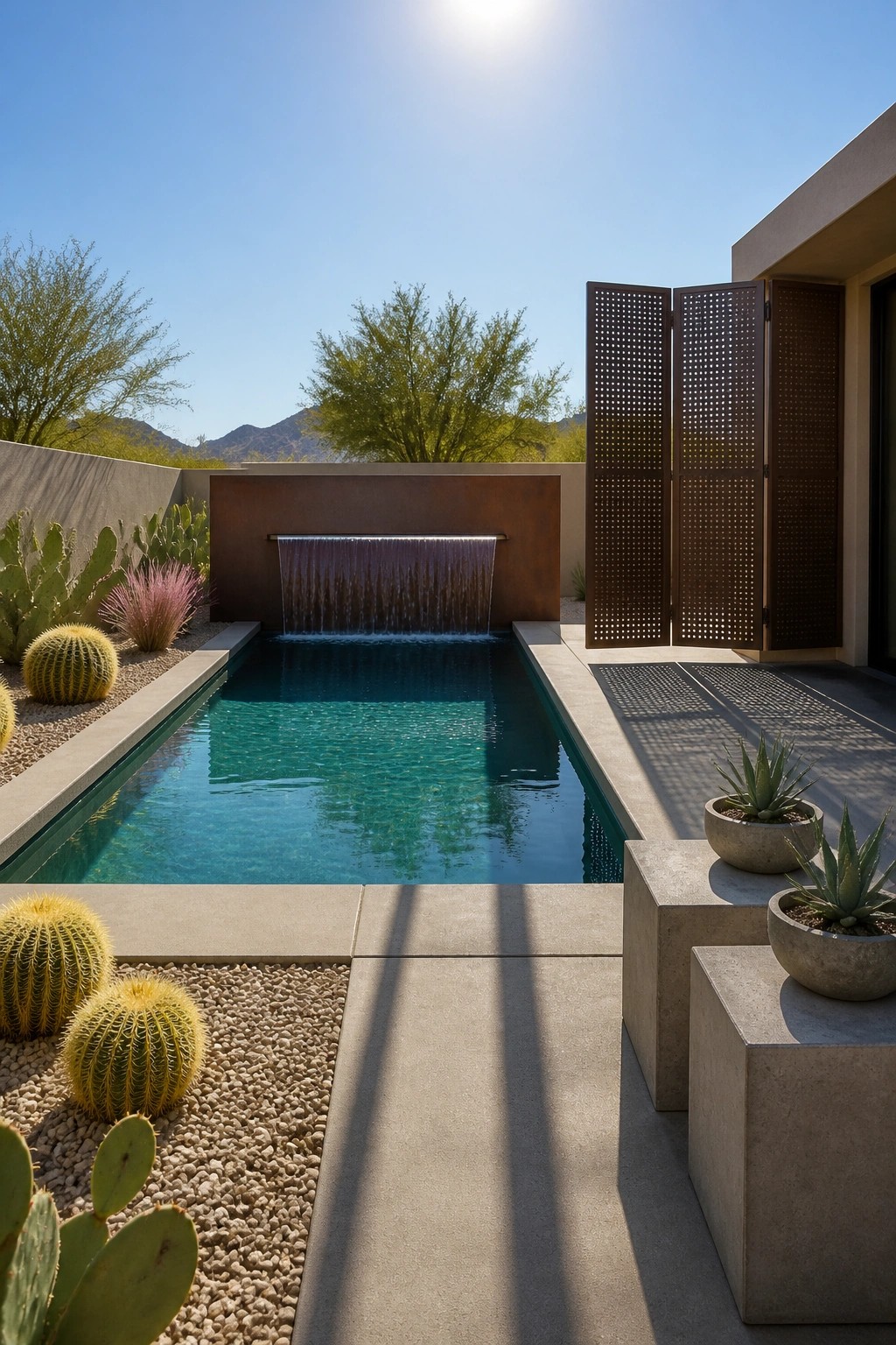 19 Stylish Rectangle Pool Ideas for a Clean Modern Look A rectangular pool with a linear waterfall on the far end, concrete decking, and desert plants in a modern outdoor setting.