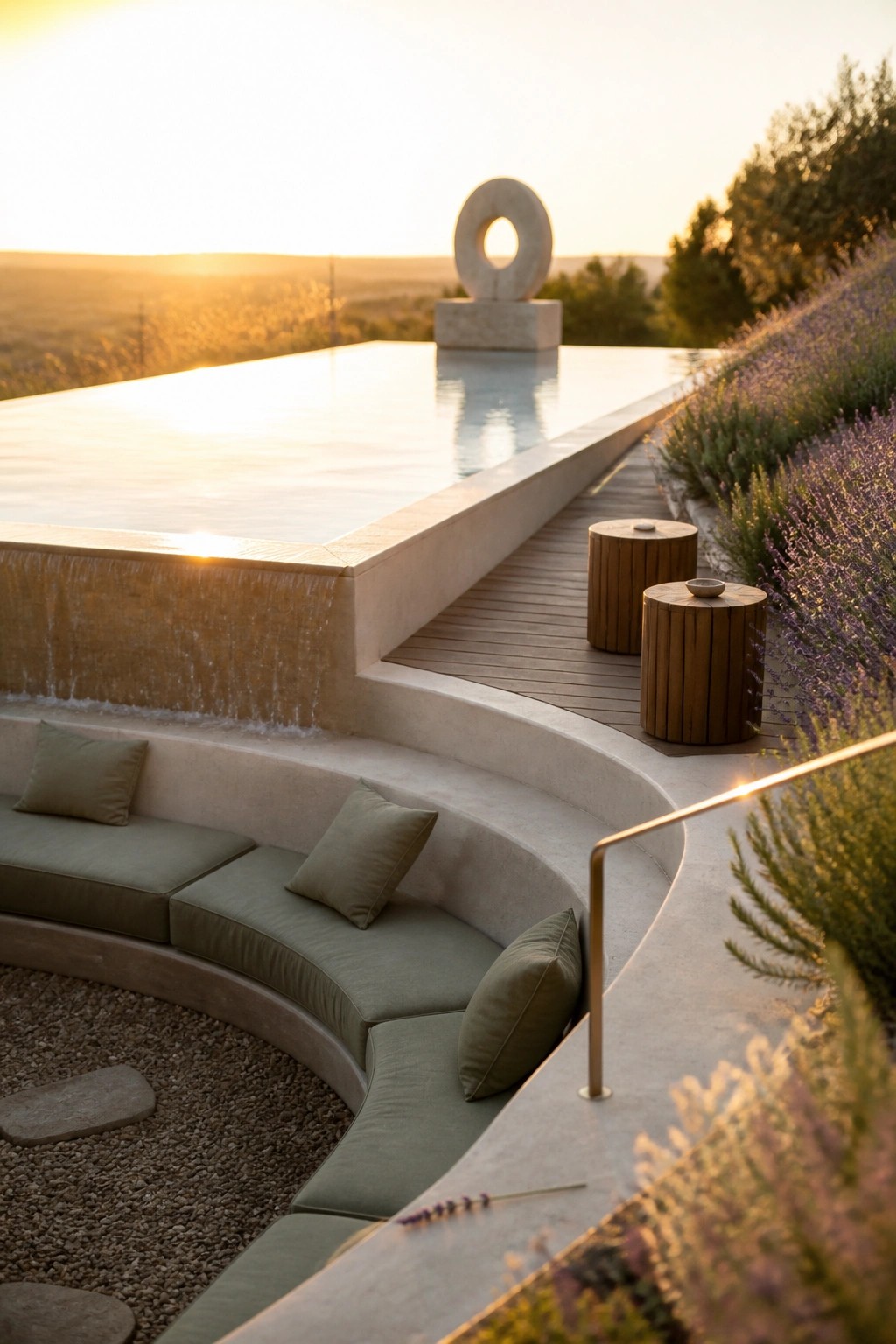 19 Stylish Rectangle Pool Ideas for a Clean Modern Look Rectangular infinity pool with concrete coping, curved built-in seating with green cushions, wooden deck, and stone sculpture at sunset.