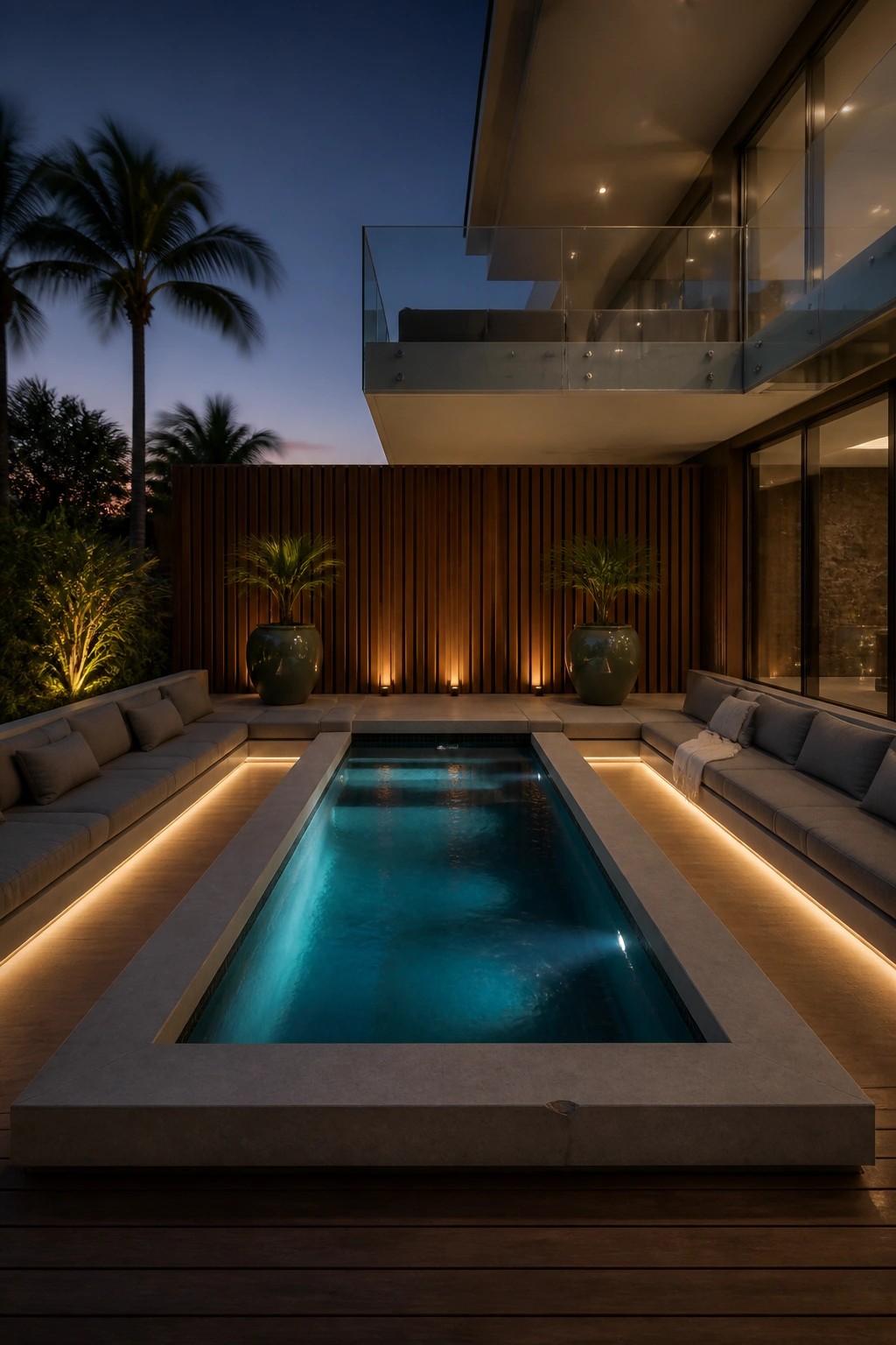 19 Stylish Rectangle Pool Ideas for a Clean Modern Look Modern villa courtyard with glowing rectangular pool and built-in lounge seating at dusk