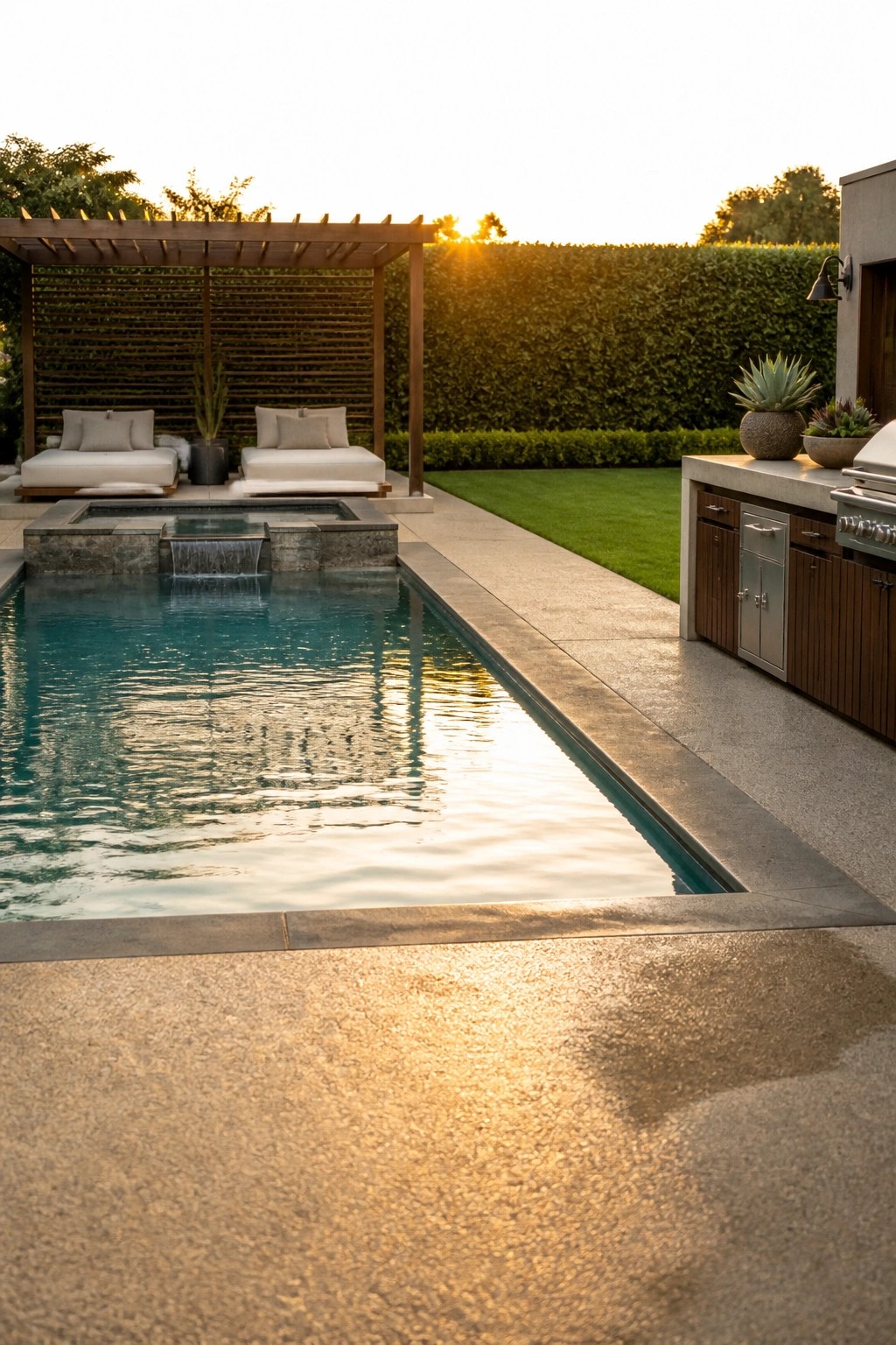 19 Stylish Rectangle Pool Ideas for a Clean Modern Look A rectangular swimming pool with gray stone coping sits beside a concrete deck, with lounge seating under a pergola on one side and an outdoor kitchen on the other.