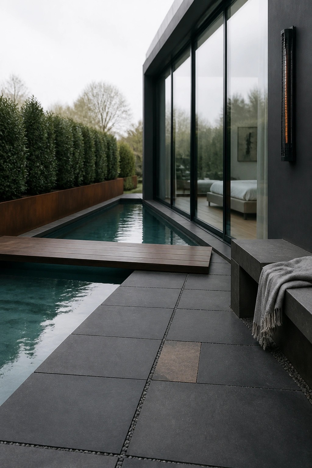 19 Stylish Rectangle Pool Ideas for a Clean Modern Look A rectangular pool edged with large dark gray stone pavers sits beside a modern house with floor-to-ceiling glass doors and a wooden platform extending over the water.