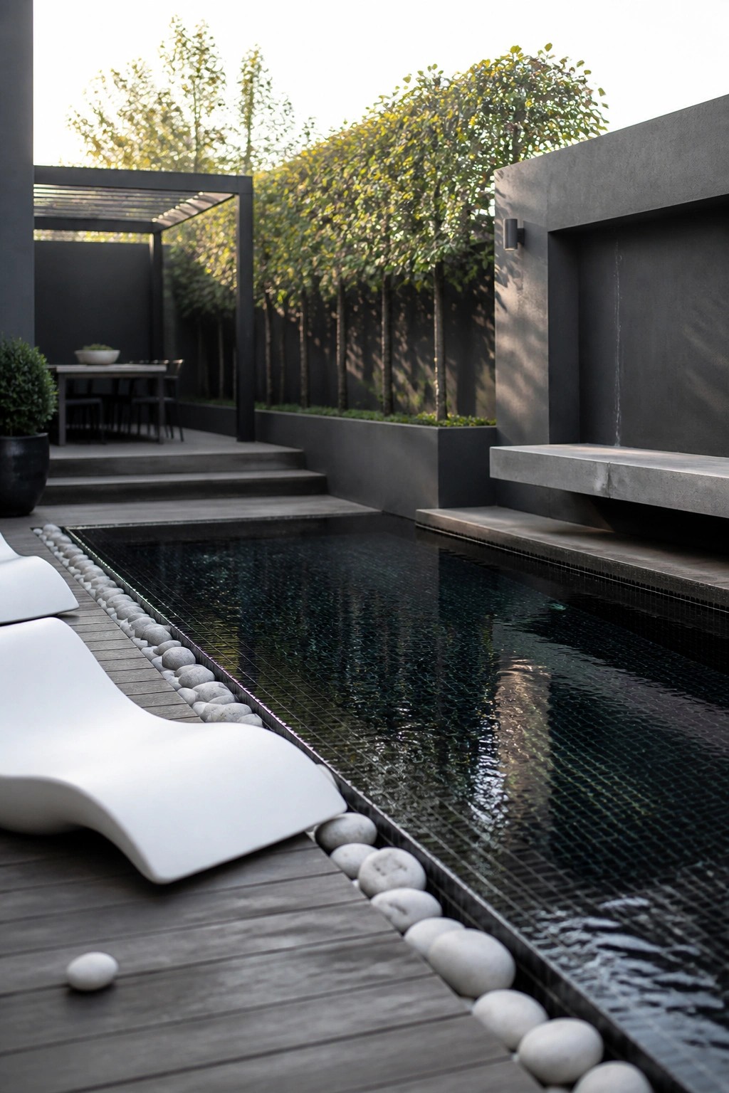 19 Stylish Rectangle Pool Ideas for a Clean Modern Look A rectangular pool with dark mosaic tiles, pebble edging, and white lounge chairs on a wooden deck beside concrete walls.