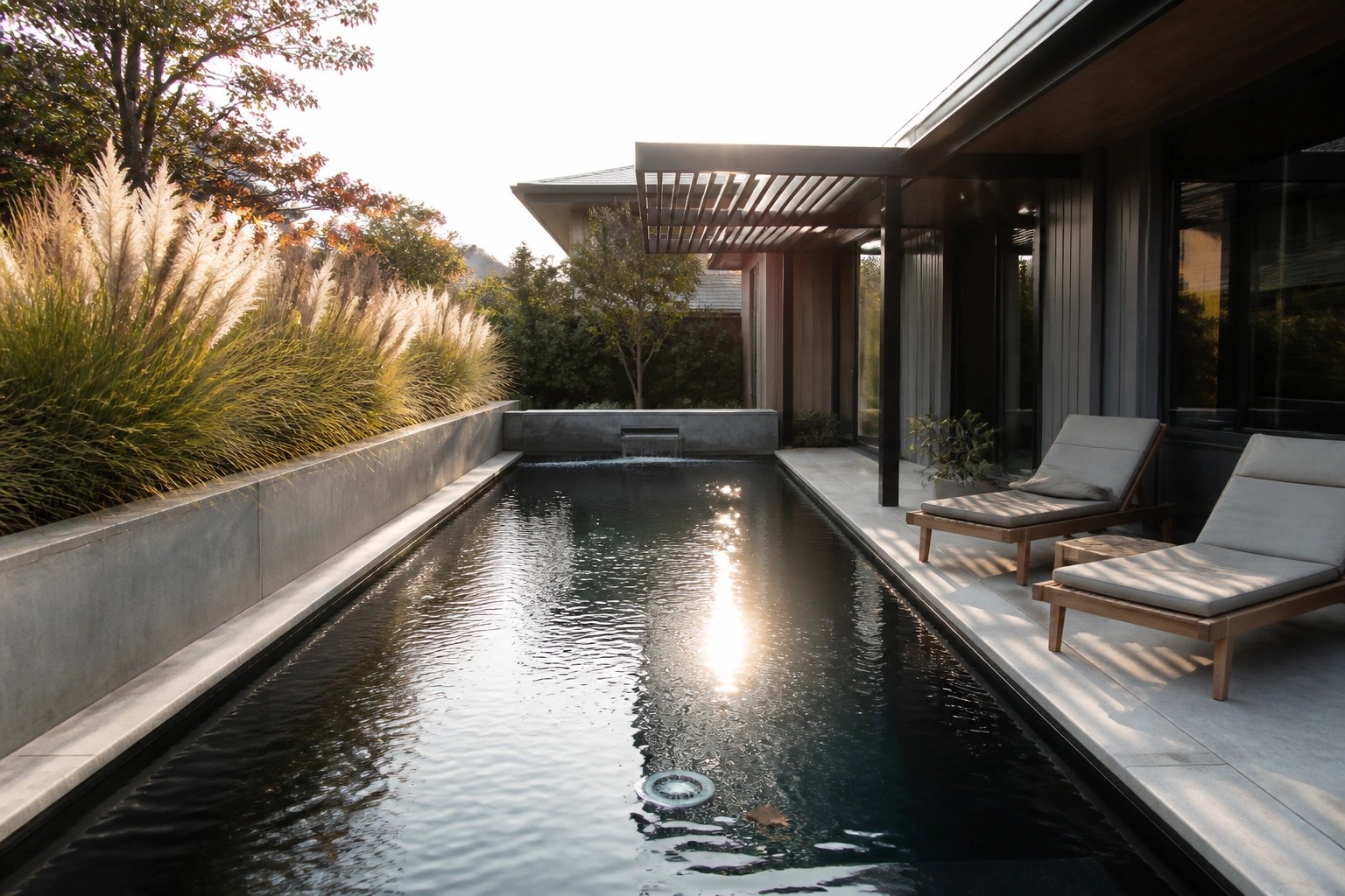 Modern dark house with long lap pool, lounge chairs, and tall ornamental grasses in autumn garden