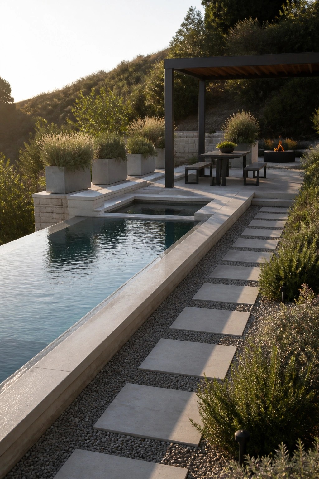 19 Stylish Rectangle Pool Ideas for a Clean Modern Look A long rectangular pool with concrete edges is flanked by a gravel path with large square stepping stones leading toward a modern pergola and seating area.