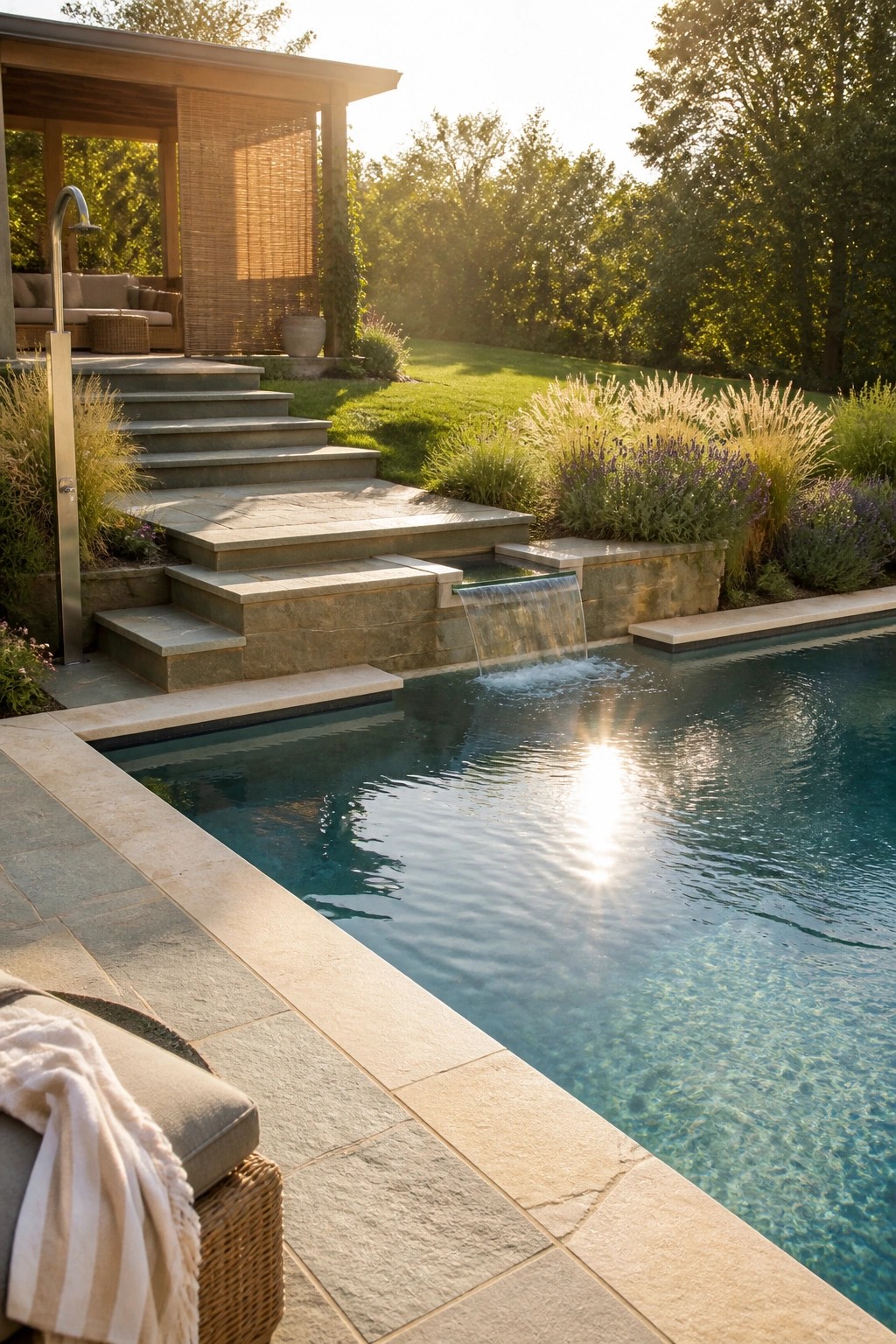 19 Stylish Rectangle Pool Ideas for a Clean Modern Look A rectangular pool with a waterfall flowing from adjacent stone steps, surrounded by landscaping and an outdoor shower area.