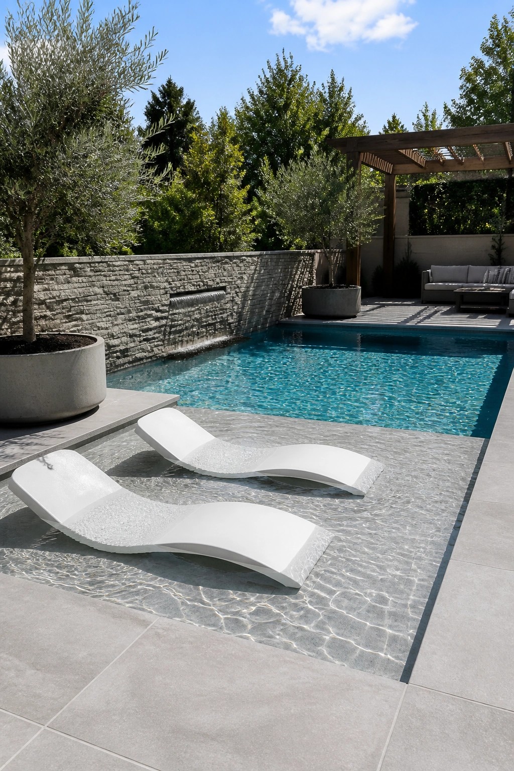 19 Stylish Rectangle Pool Ideas for a Clean Modern Look Two white lounge chairs on wet tiles beside a modern backyard pool