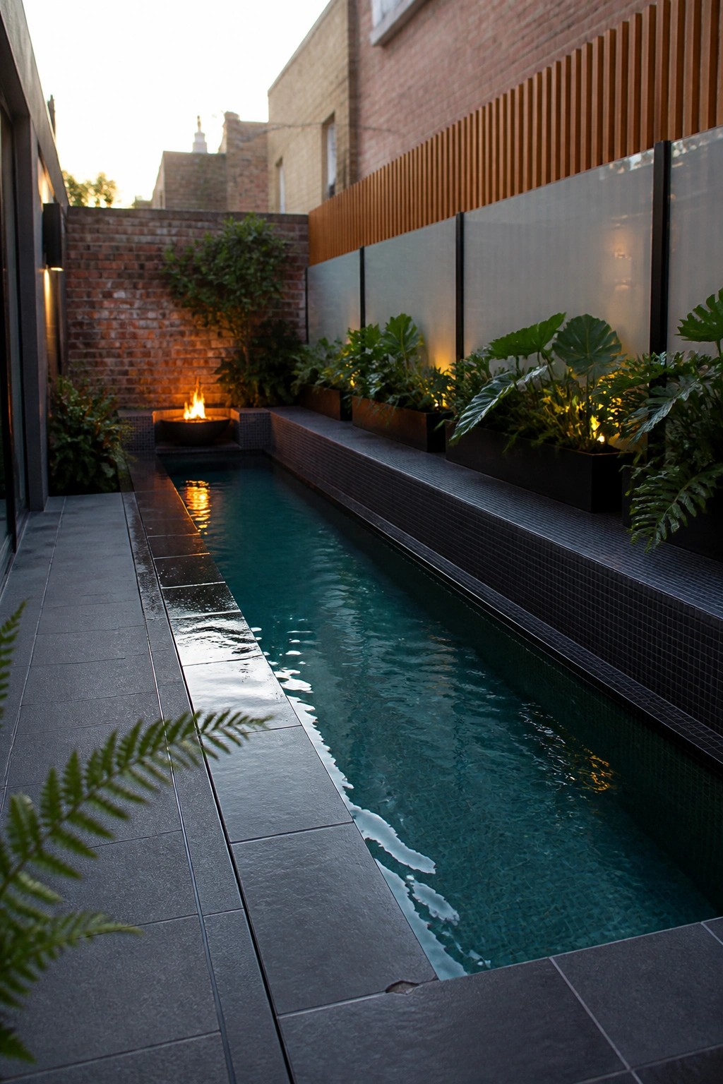 19 Stylish Rectangle Pool Ideas for a Clean Modern Look A long rectangular pool with dark mosaic tiles runs alongside a raised ledge holding black planters with large green plants, next to a brick wall with a small fire pit at the far end.
