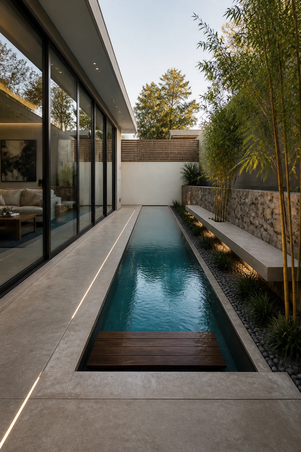 19 Stylish Rectangle Pool Ideas for a Clean Modern Look A long narrow rectangular pool sits beside a modern house with large glass doors, bordered by concrete paving and bamboo plants on one side.