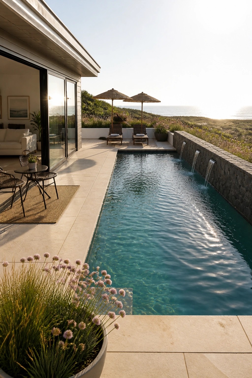 19 Stylish Rectangle Pool Ideas for a Clean Modern Look A long rectangular swimming pool beside a modern house, with water flowing from spouts along a stone wall and two lounge chairs on the patio.