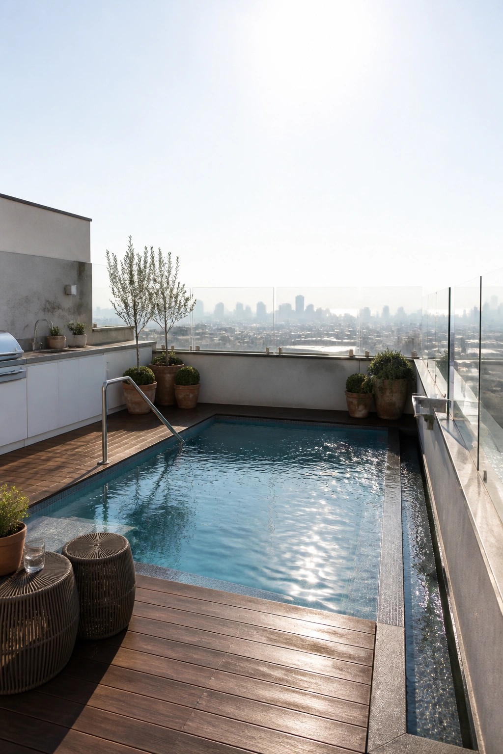 19 Stylish Rectangle Pool Ideas for a Clean Modern Look A rectangular pool set into a wooden deck on a rooftop terrace with glass railings, potted plants, and an outdoor kitchen area overlooking a city skyline.