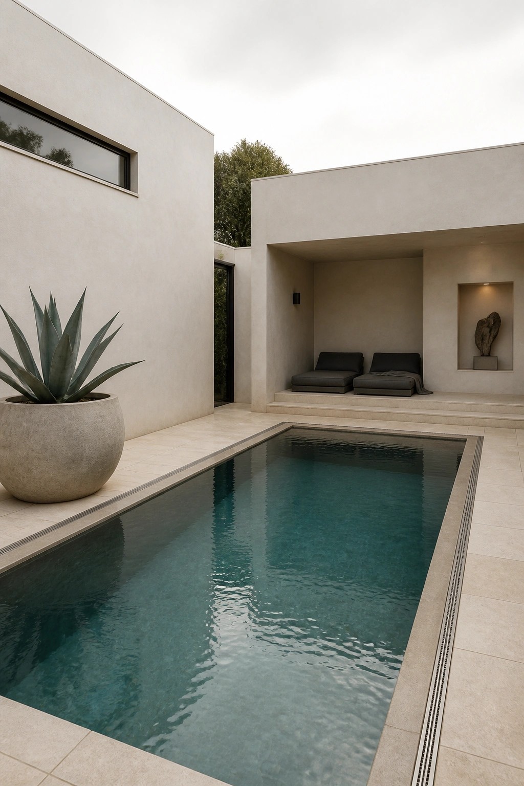 19 Stylish Rectangle Pool Ideas for a Clean Modern Look A rectangular pool set in a minimalist courtyard with built-in dark daybeds in a recessed niche and a large potted plant on the left.
