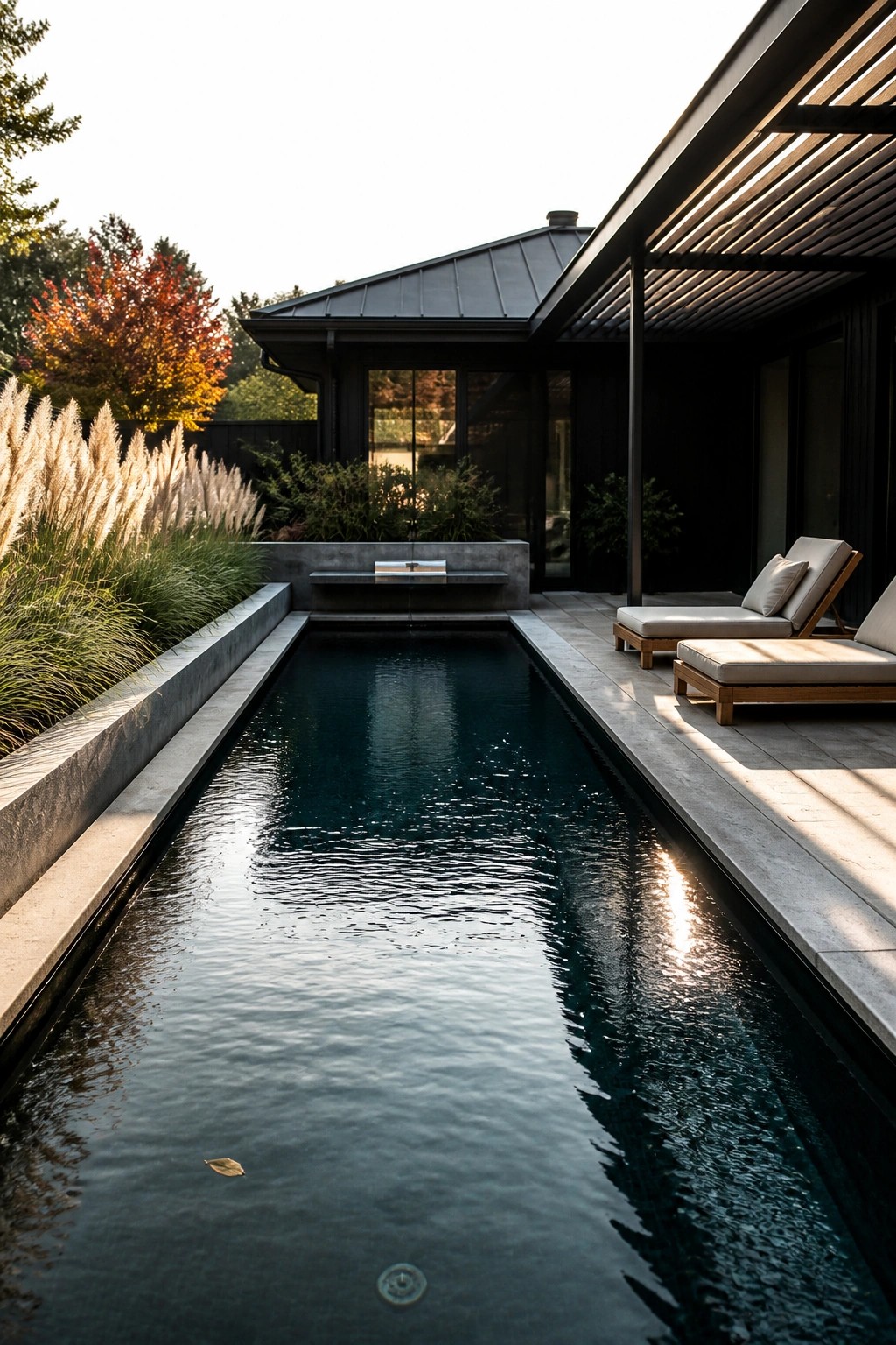 19 Stylish Rectangle Pool Ideas for a Clean Modern Look Modern dark house with long lap pool, lounge chairs, and tall ornamental grasses in autumn garden