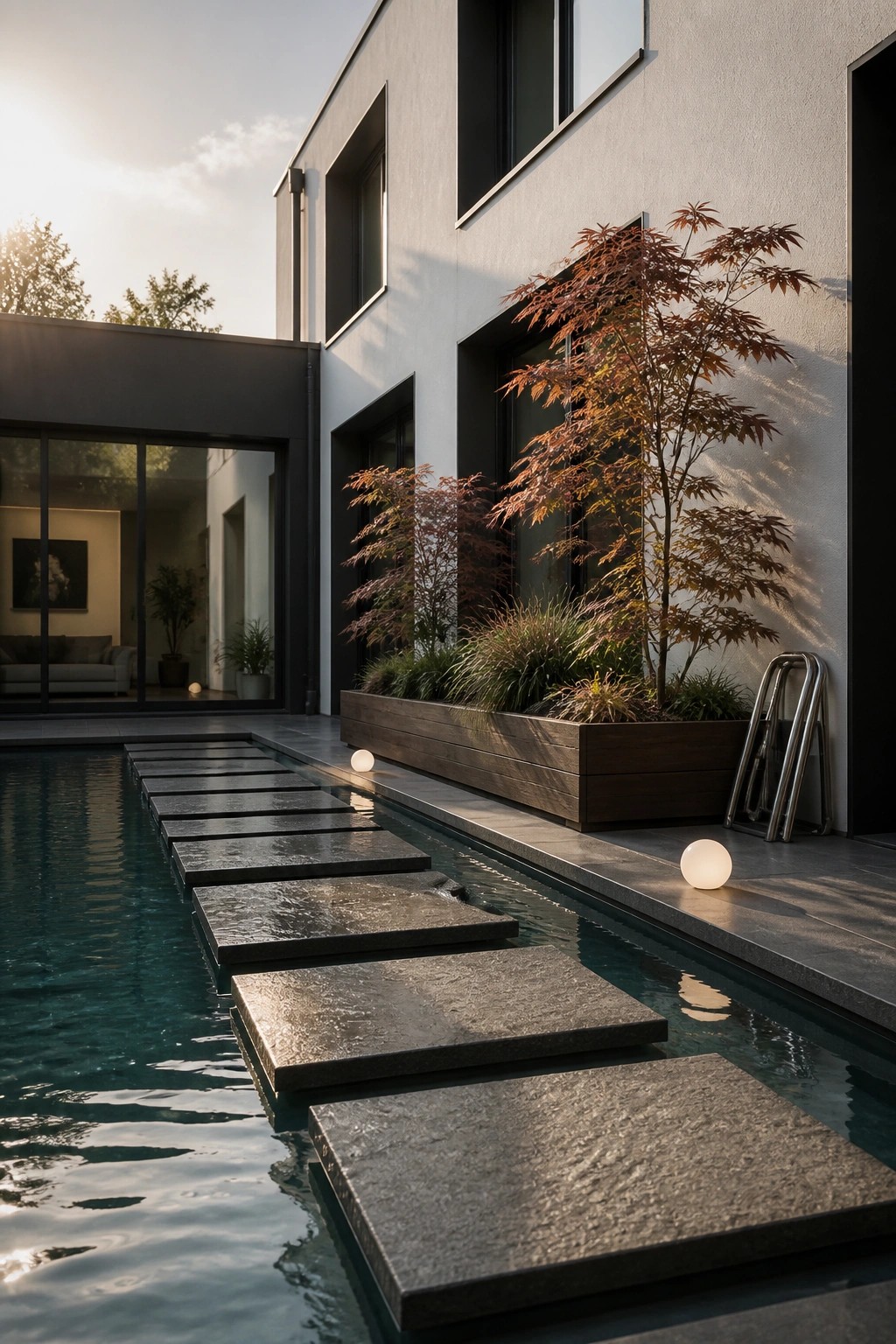 19 Stylish Rectangle Pool Ideas for a Clean Modern Look A modern rectangular pool with rectangular dark stone stepping stones crossing the water beside a contemporary house and a wooden planter box with trees.