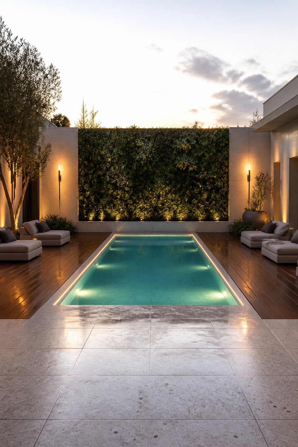 19 Stylish Rectangle Pool Ideas for a Clean Modern Look A rectangular pool set in a wooden deck with a large vertical garden wall behind it and lounge seating on either side.