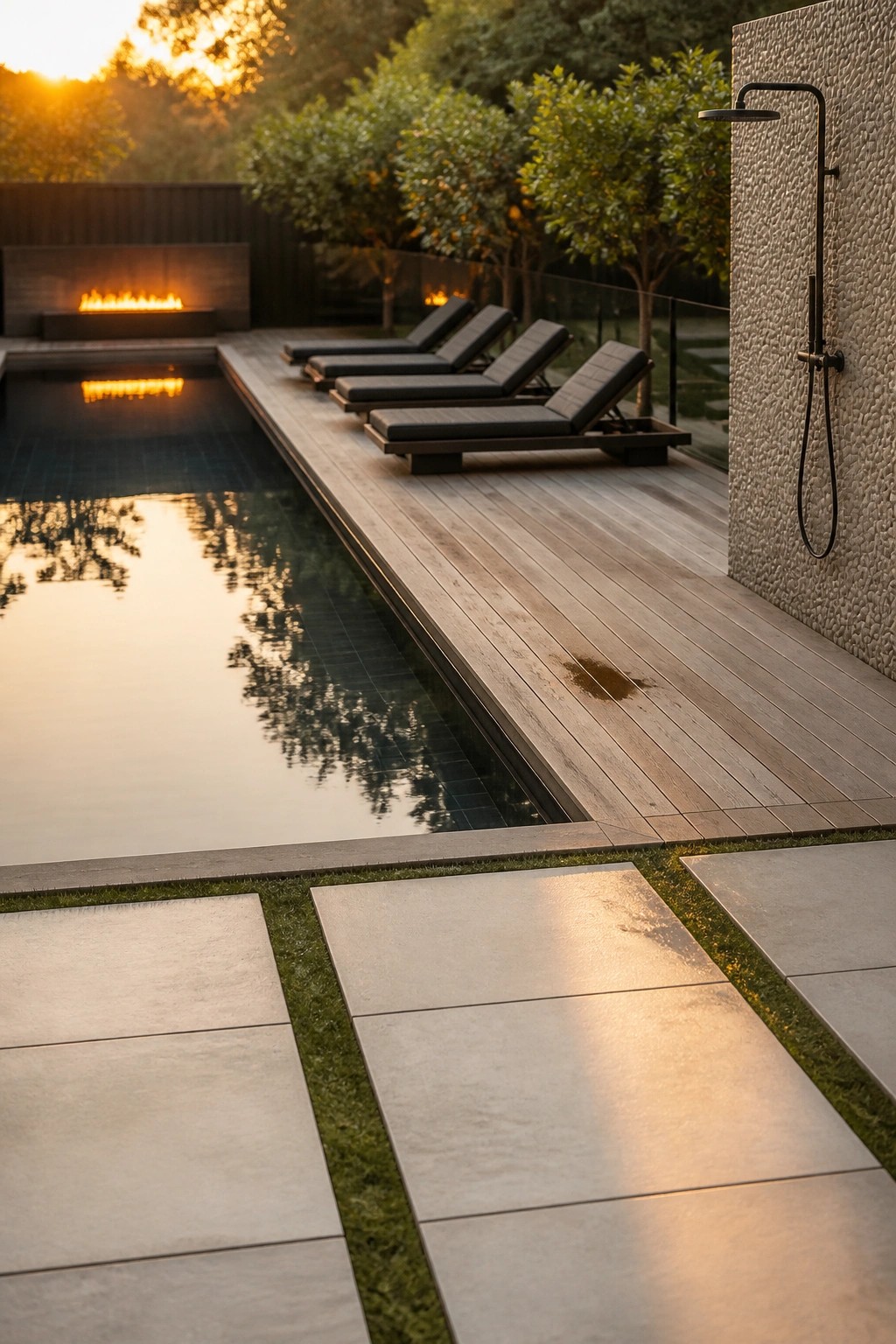 19 Stylish Rectangle Pool Ideas for a Clean Modern Look A rectangular pool with a long wooden deck holding several lounge chairs, an outdoor shower on a stone wall, and large stone pavers with grass strips in the foreground.
