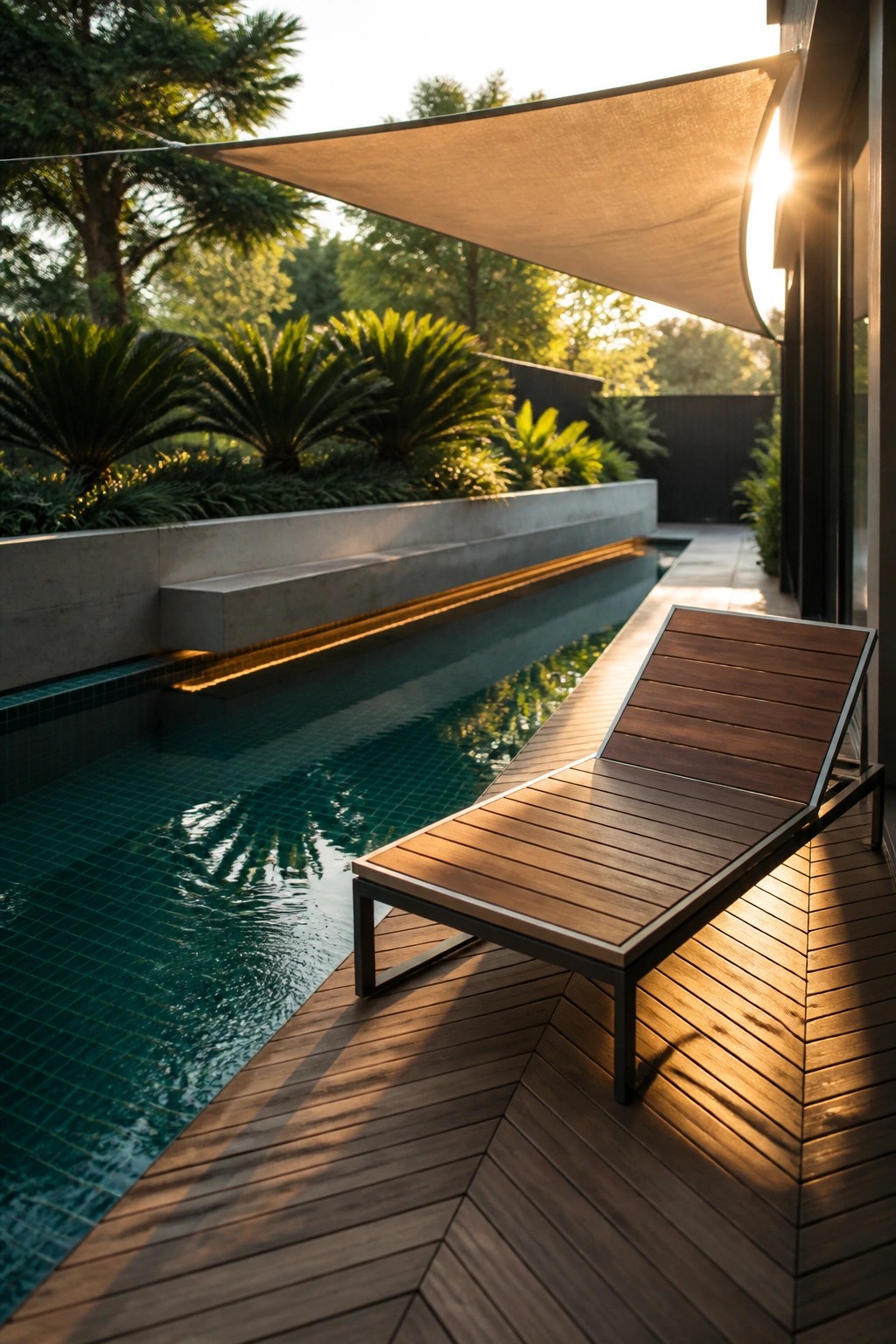 A narrow swimming pool with green tile sits beside a wooden deck with a lounge chair positioned under a large beige shade sail attached to a house.