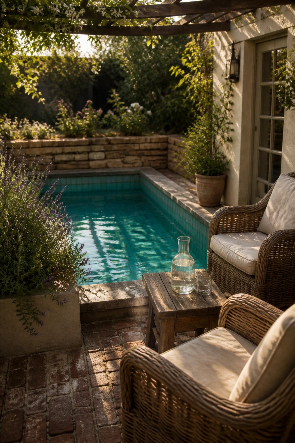 Wicker chairs and wooden table beside turquoise pool in lush garden patio