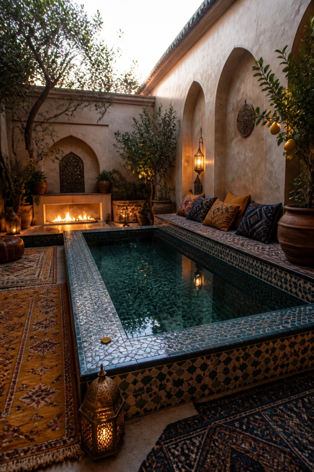 A small rectangular pool with blue mosaic tiles is surrounded by a tiled ledge, built-in cushioned bench, patterned rugs, lanterns, and a fireplace in an outdoor courtyard.