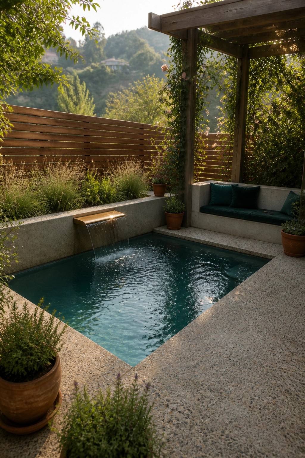 Rectangular plunge pool with waterfall beside concrete bench under wooden pergola with plants