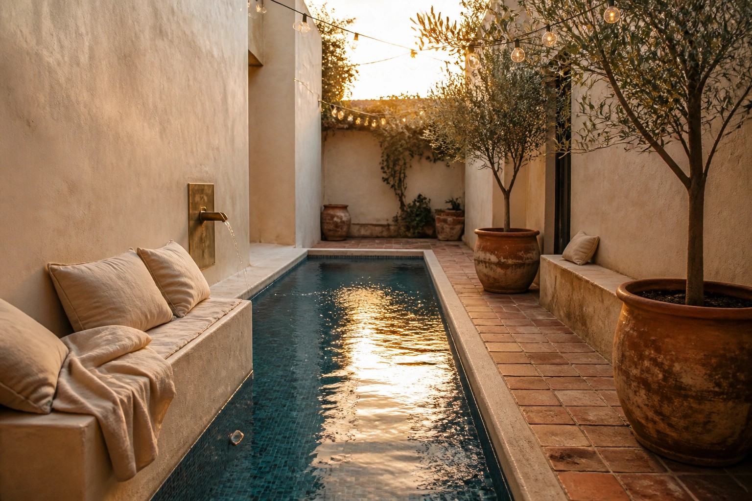 A narrow rectangular pool with blue mosaic tiles runs beside a stucco wall with a brass spout, opposite a built-in bench with beige cushions, potted trees, and string lights overhead.